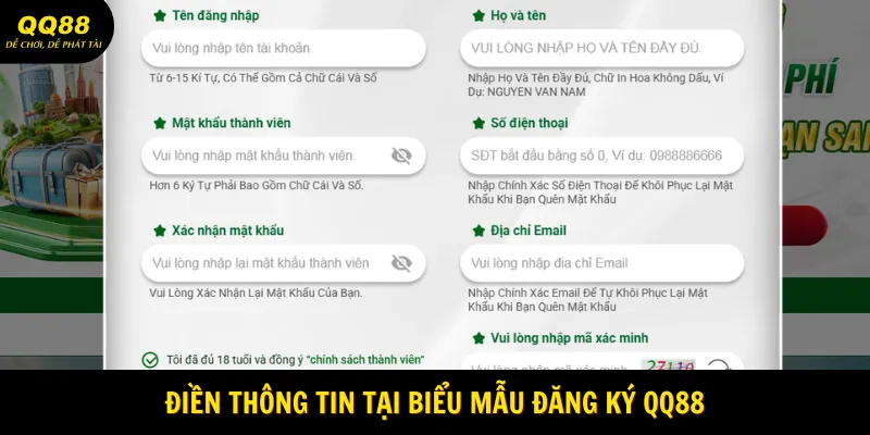 Đăng Ký QQ88 - Thực Hiện Nhanh Chóng Trong Một Nốt Nhạc 2 Điền thông tin tại mục Đăng ký tài khoản